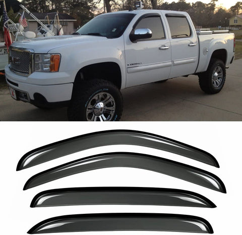VioGi New 4pcs for 07-13 Chevy/GMC Crew Cab Pickup Dark Smoke Out-Channel/Outside Mount Style Wind Sun Rain Guard Vent Shade Deflector Window Visors