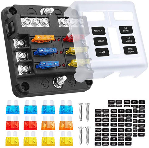Electop 6 Way Blade Fuse Block Fuse Box Holder, 6 Circuit Car Ato/Atc Fuse Block with LED Indicator Damp-Proof Protection Cover Sticker for Automotive Car Truck Boat Marine RV Van