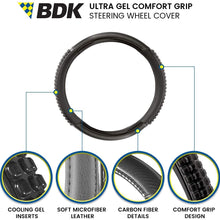 BDK Ultra Gel Comfort Grip Steering Wheel Cover – Carbon Fiber Detail with Black Microfiber Leather Trim and Cooling Gel Grip for Steering Wheel Cover Sizes 14.5 to 15.5 inch