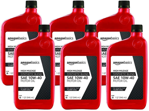 AmazonBasics High Mileage Motor Oil - Synthetic Blend - 10W-40 - 1 Quart-6 Pack