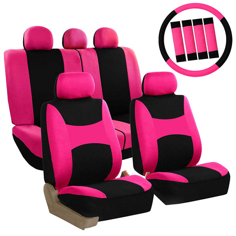 FH Group FB030PINK-COMBO Seat Cover Combo Set with Steering Wheel Cover and Seat Belt Pad (Airbag Compatible and Split Bench Pink)