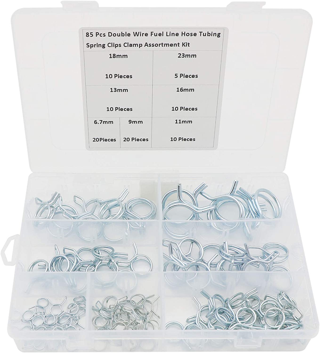 85 Pcs Double Wire Fuel Line Hose Tubing Spring Clips Clamp Assortment Kit for Motorcycle ATV(7 Size 6.7/9/11/13/16/18mm)