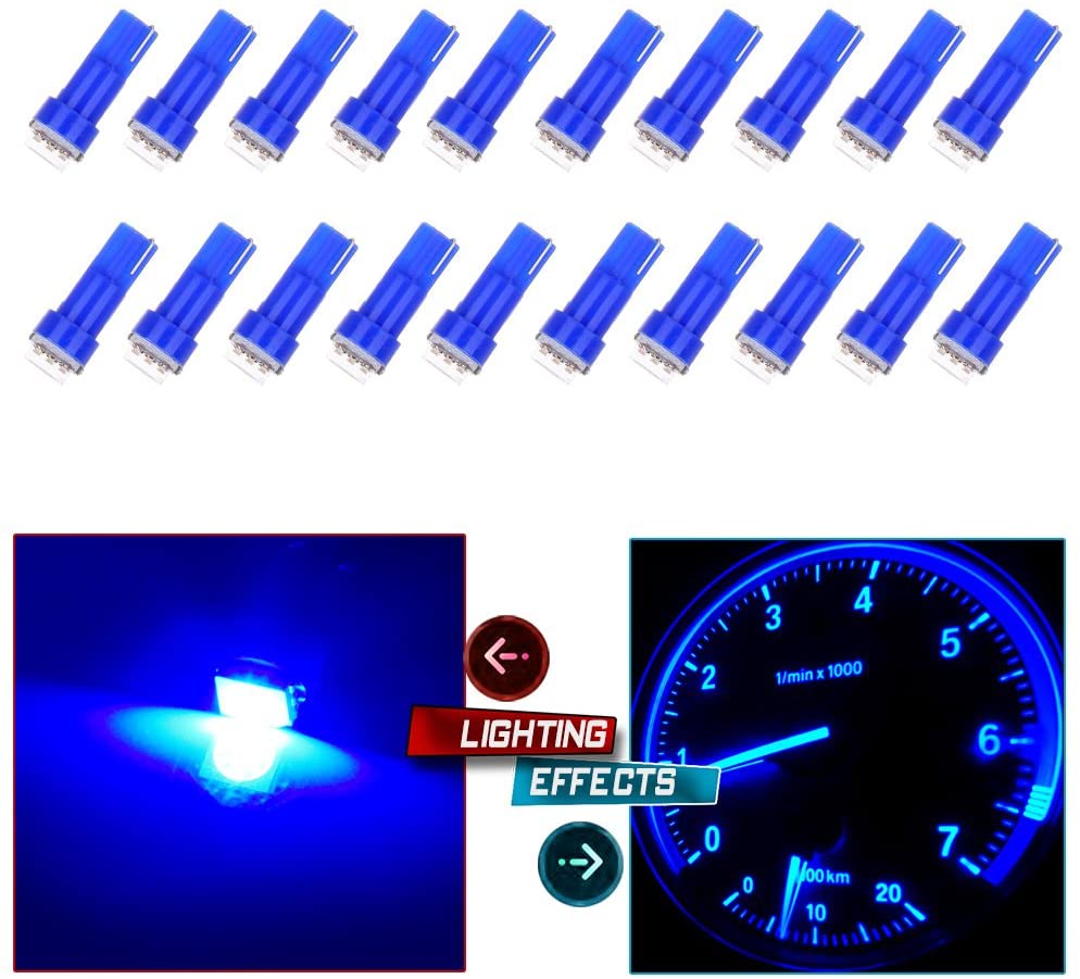 cciyu 20x Blue T5 Blue Dashboard Instrument Panel Instrument Speedometer Gauge Cluster 37 73 74 79 17 57 5050 1-SMD LED Light Bulb 12V (blue) (blue)