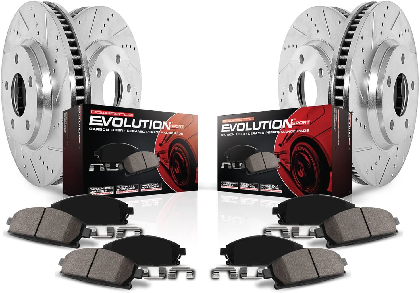 Power Stop K5958 Front & Rear Brake Kit with Drilled/Slotted Brake Rotors and Z23 Evolution Ceramic Brake Pads