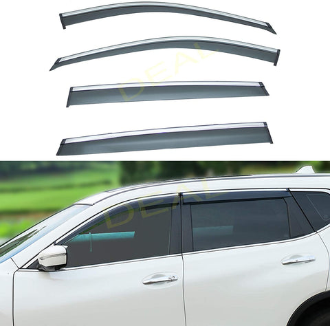 DEAL 4-Piece Set Outside Mount Tape On/Clip On Type Smoke Tinted Sun/Rain Guard Vent Window Visors With Chrome Trim For 2014-2020 Nissan X-Trail Rogue