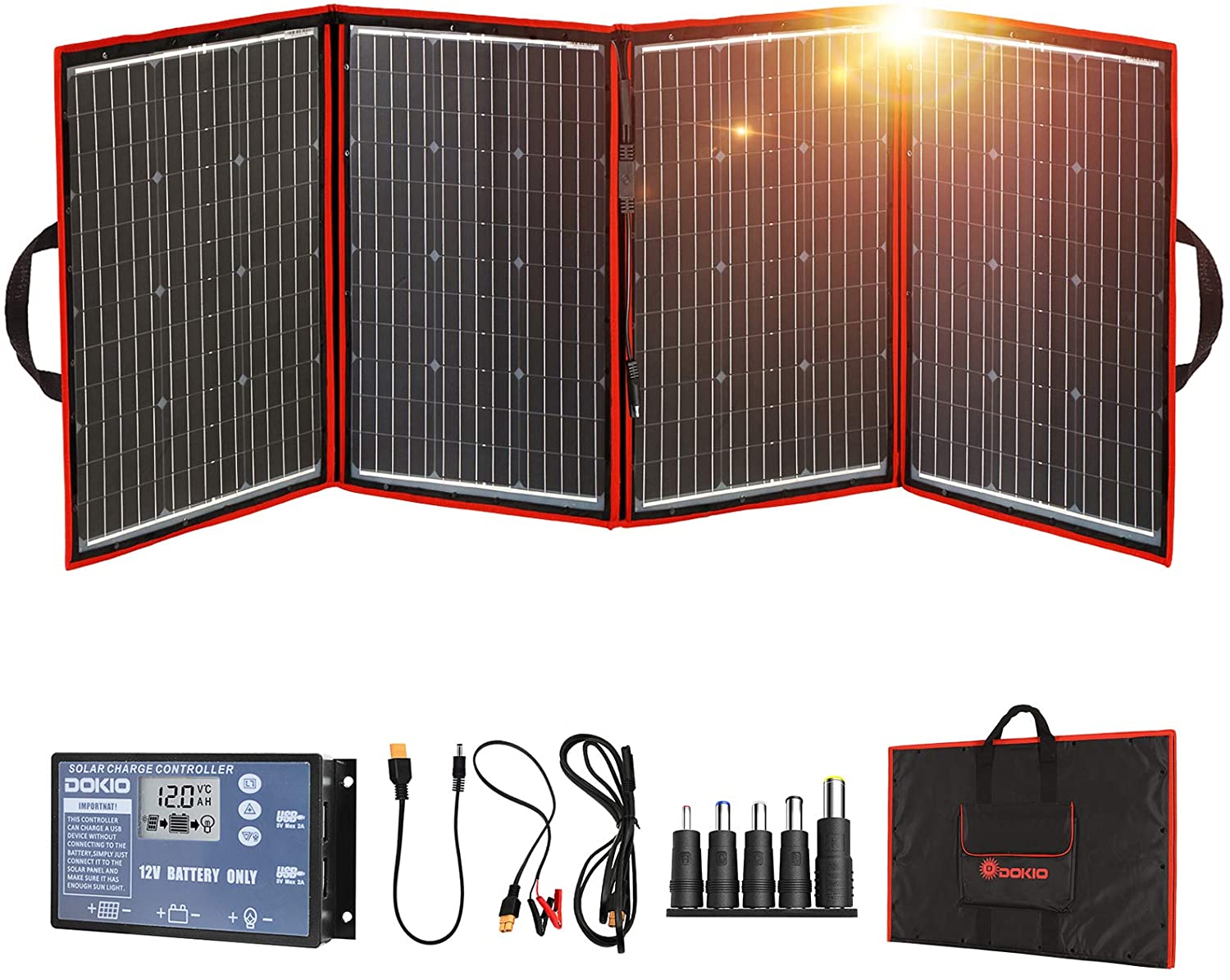 DOKIO 220 Watts Monocrystalline Foldable Solar Panel with Charge Controller with Dual USB Outputs (Lightweight 9lb) to Charge 12 Volts Batteries (All Lead/Acid Types: Vented AGM Gel) RV Camping (220 Watts Monocrystalline Foldable)