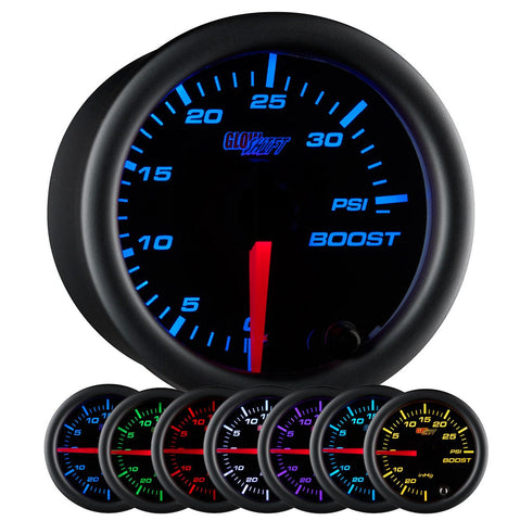 GlowShift Black 7 Color 35 PSI Turbo Boost Gauge Kit - Includes Mechanical Hose & Fittings - Black Dial - Clear Lens - for Car & Truck - 2-1/16