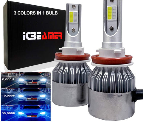 ICBEAMER H8 H9 H11 LED COB 3 Color in 1 Replace Headlight Bulb HID or Halogen Lamp 6000K White 10000K 30000K Dark Blue