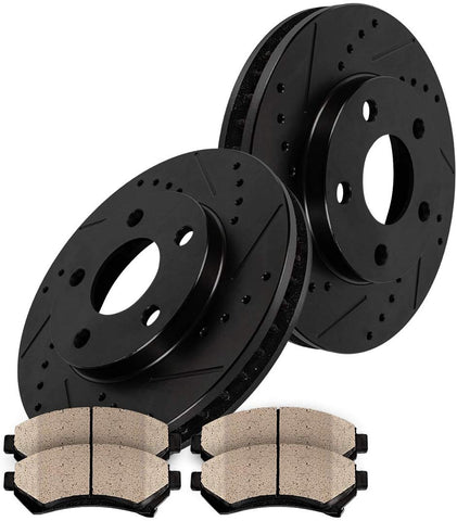 CRK13629 FRONT 299 mm Black Drilled/Slotted 5 Lug [2] Brake Disc Rotors + [4] Metallic Brake Pads