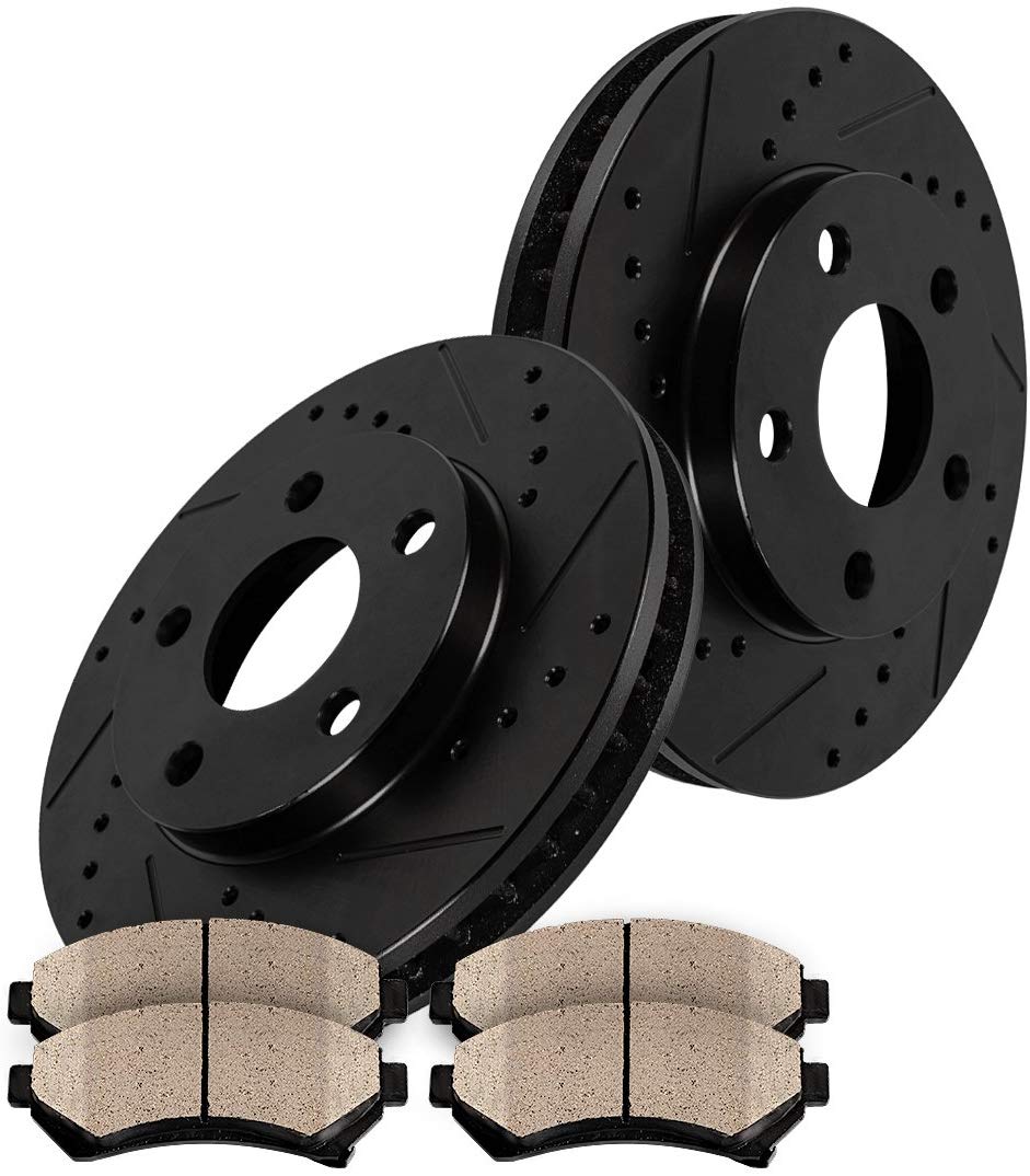 CRK14765 REAR 280 mm Black Drilled/Slotted 5 Lug [2] Brake Disc Rotors + [4] Metallic Brake Pads