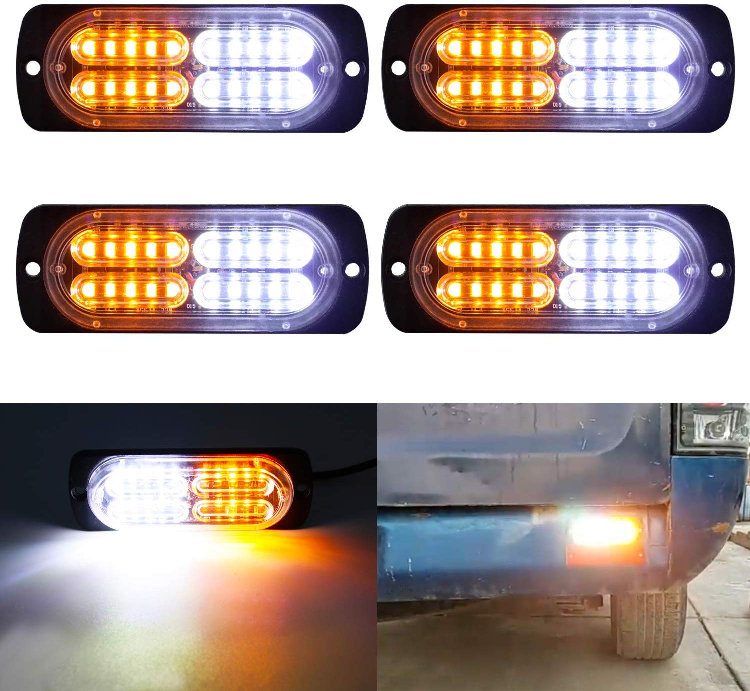 LivTee 12-24V Super Bright Emergency Warning Caution Hazard Construction Waterproof Amber Strobe Light Bar with 17 Different Flashing for Car Truck SUV Van - 4PCS (White Amber)