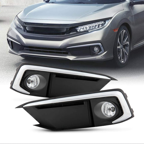 Fits 2019-2020 Honda Civic 4Door Sedan / 2Door Coupe Chrome Trim Clear Fog Lights Bumper Lamps Pair w/Accessories