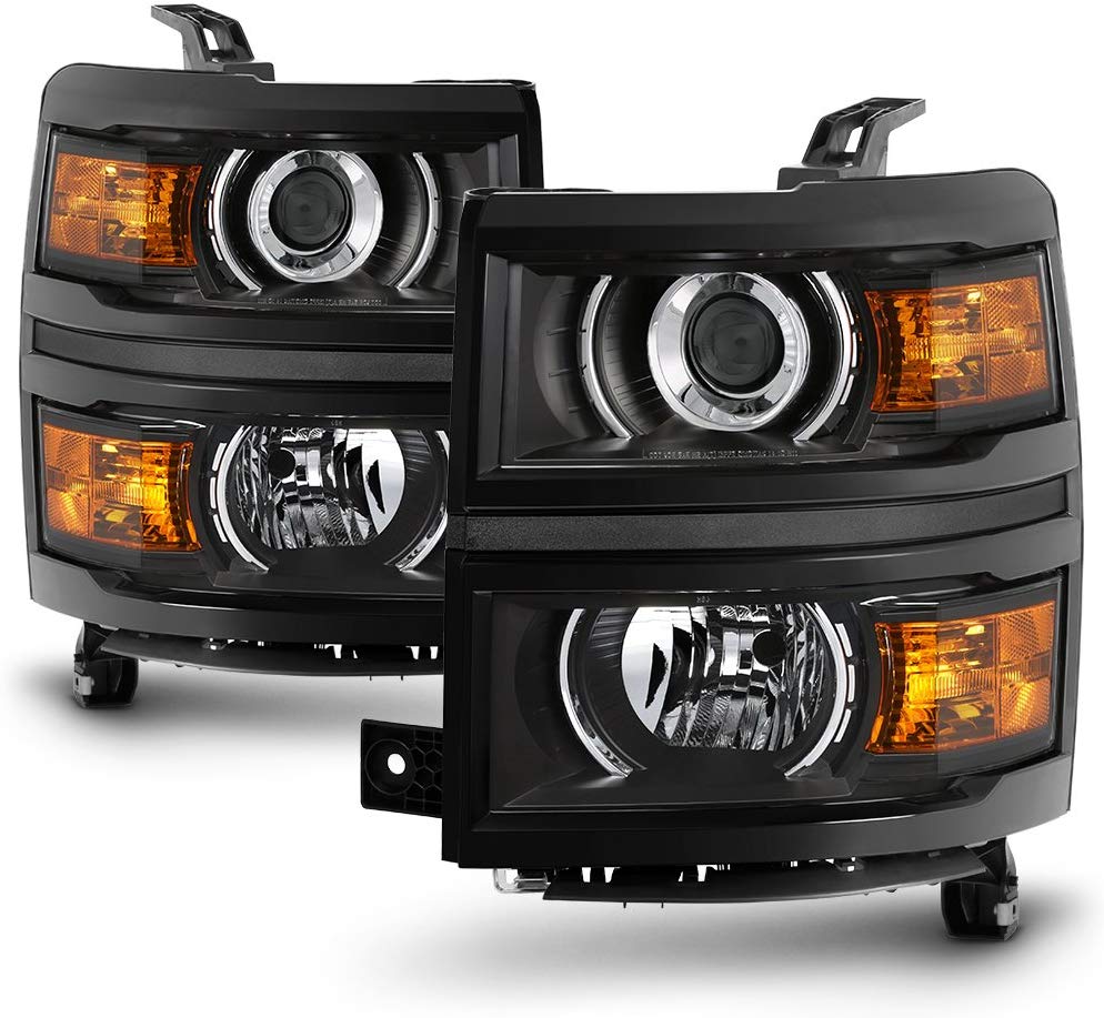 For 2014 2015 Chevy Silverado 1500 Pickup Truck Black Bezel Porjector Headlight Lamp Assembly Driver + Passenger Side