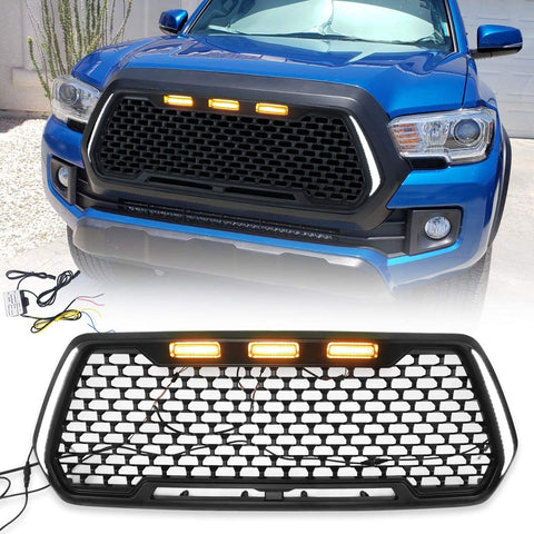 VZ4X4 Front Grill Mesh Grille Fit for 2016 2017 2018 2019 2020 Toyota Tacoma with Amber Lights & DRL - Matte Black (WILL NOT WORK WITH FRONT SENSOR/TSS)