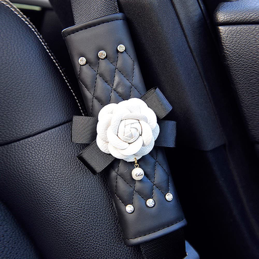 INEBIZ Beautiful Camellia Leather Car Seat Belt Cover Pads, Harness Repositions Strap Adjuster, 1 Pair for Children or Adult