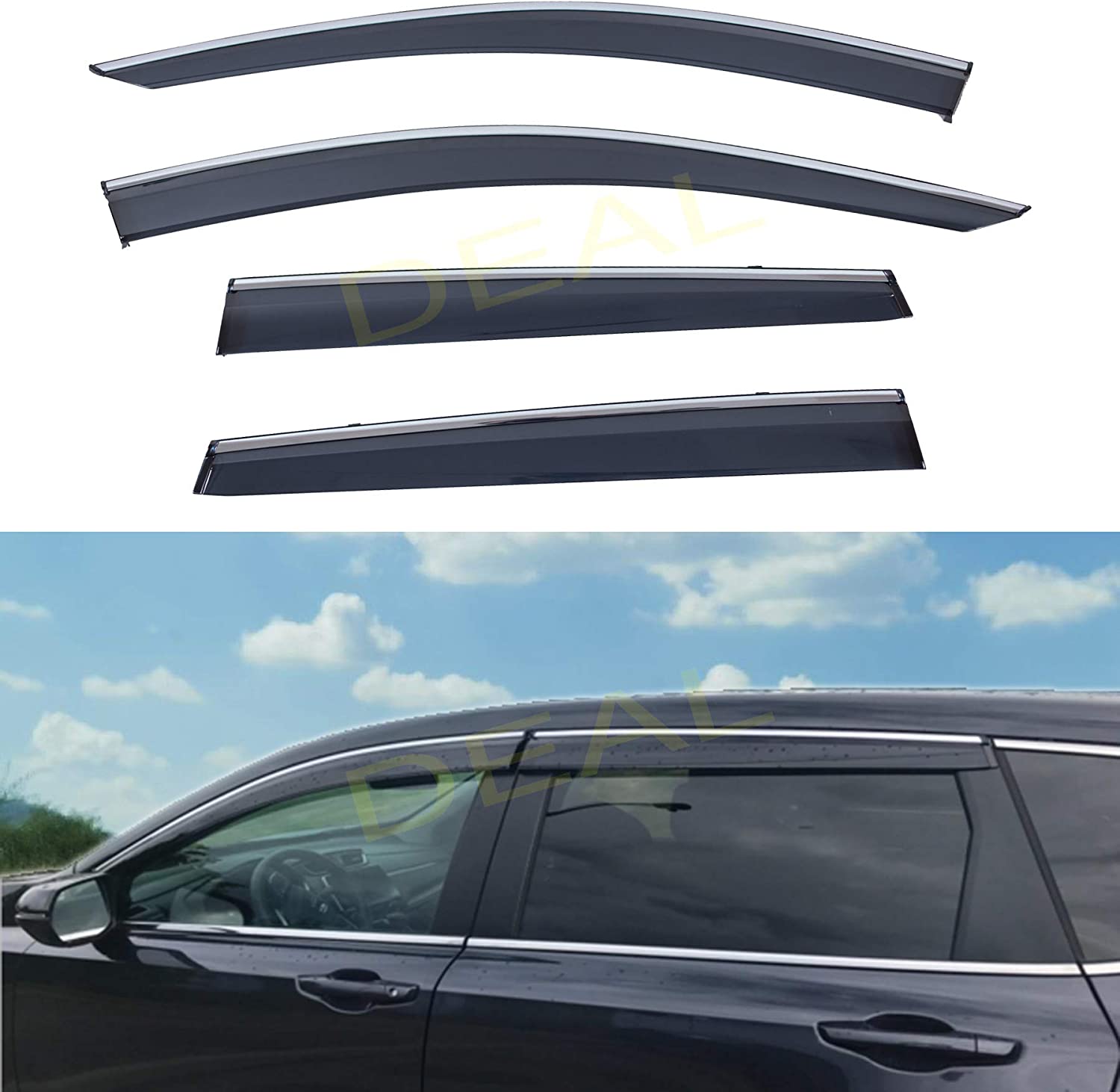 DEAL 4-Piece Set Outside Mount Tape On/Clip On Type Smoke Tinted Sun/Rain Guard Vent Window Visors With Chrome Trim For 2017-2020 Honda CR-V All Models