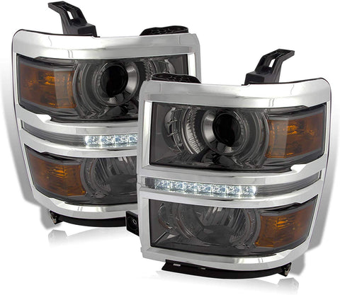 For 14-16 Chevy Silverado 1500 LED Projector Smoke Pair Headlights Headlamps Amber Reflector