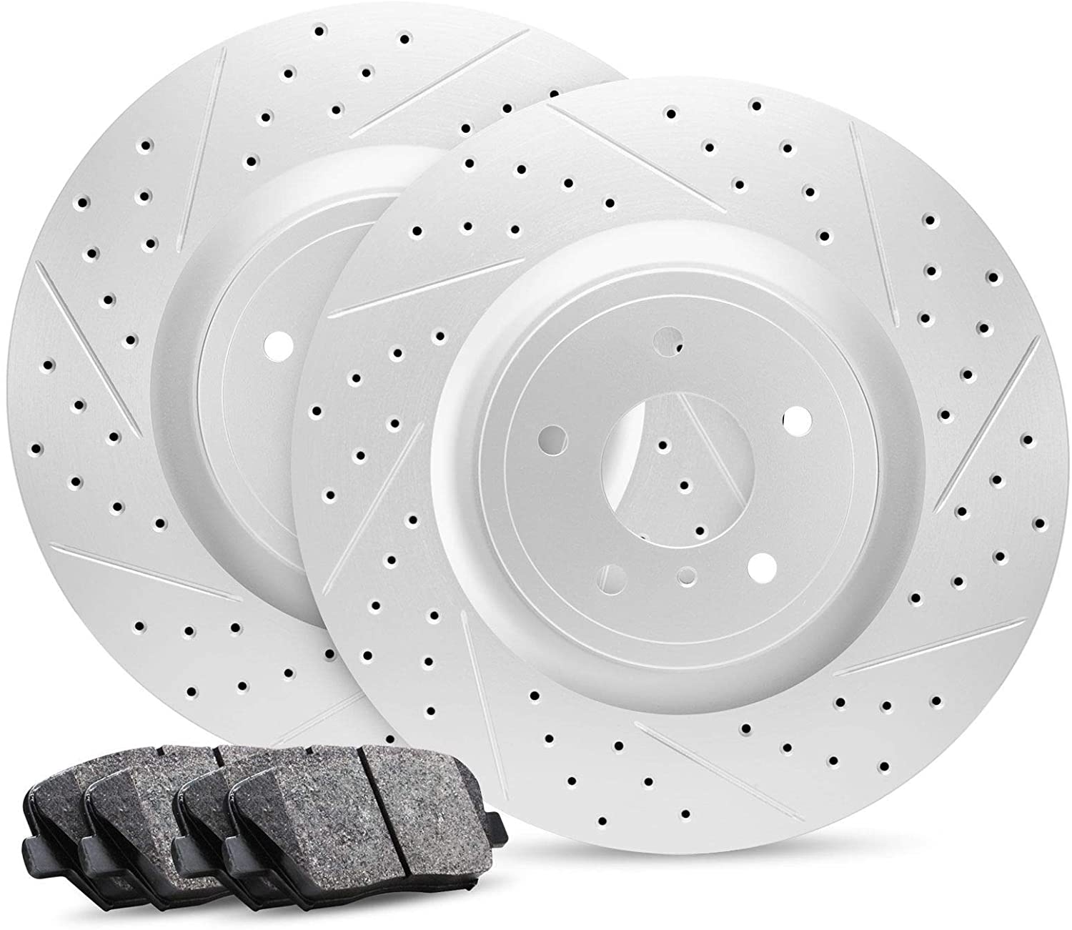 Rear Set R1 Concepts Carbon Geomet Drill/Slot Brake Rotors Kit + Ceramic Brake Pads