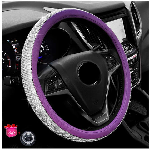 Younglingn Diamond Crystal Leather Auto Steering Wheel Cover - Bling Bling Rhinestones Car Wheel Protector Pop Among Women Girls Universal Fit 15 Inch (Black+ Silver + Wheel Cover)