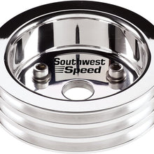 NEW SOUTHWEST SPEED POLISHED BILLET ALUMINUM CRANKSHAFT PULLEY WITH 2 V-BELT GROOVES THAT FITS SMALL BLOCK CHEVY ENGINES WITH SHORT WATER PUMPS, SBC CRANK, CNC MACHINED MIRROR FINISH, 6.60" O.D.