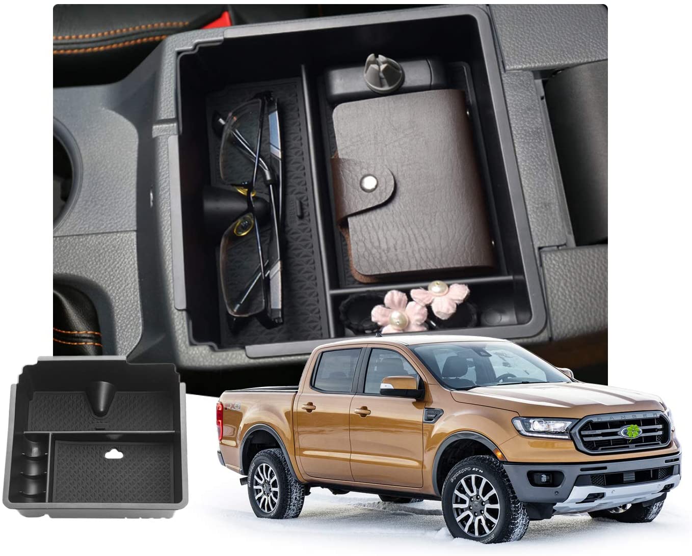 Customized for 2019 2020 Ford Ranger Car Center Console Armrest Box Glove Secondary Storage Console Organizer Insert Tray with Coin and Glass Holder