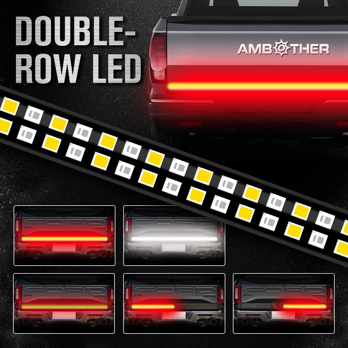AMBOTHER 60-Inch Tailgate Light Bar Double Row Waterproof Light Strip Running Turn Signal Brake Reverse Tail Lights 5050 LEDs No Drill Install for Pickup Trucks Trailer Car