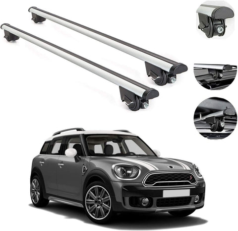 Roof Rack Cross Bars Lockable Luggage Carrier Fits Mini Cooper Countryman 2017-2021 | Silver Aluminum Cargo Carrier Rooftop Luggage Bars 2 Pcs. | Automotive Exterior Accessories