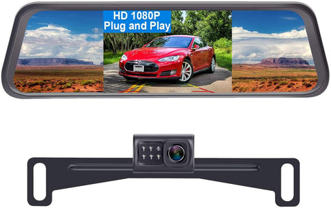 LeeKooLuu LK1 HD 1080P Backup Camera with 4.3'' Mirror Monitor Kit for Cars,Vans,Trucks,Campers Hitch Rear View Camera One Wire System IP 69 Waterproof License Plate Camera DIY Grid Lines