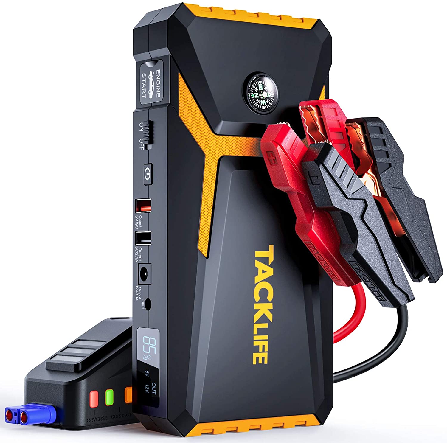 TACKLIFE T8-Newer Model 800A Peak 18000mAh Car Jump Starter with LCD Display (up to 7.0L Gas, 5.5L Diesel Engine), 12V Auto Battery Booster with Smart Jumper Cable, Quick Charger(Yellow)
