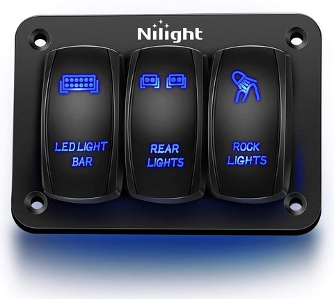 Nilight 3 Gang Aluminum Rocker Switch Panel 5 Pin ON/Off Pre-Wired Toggle Switch Panel With Rocker Switch Holder 12/24V for Marine Boat Car ATV UTV,2 Years Warranty
