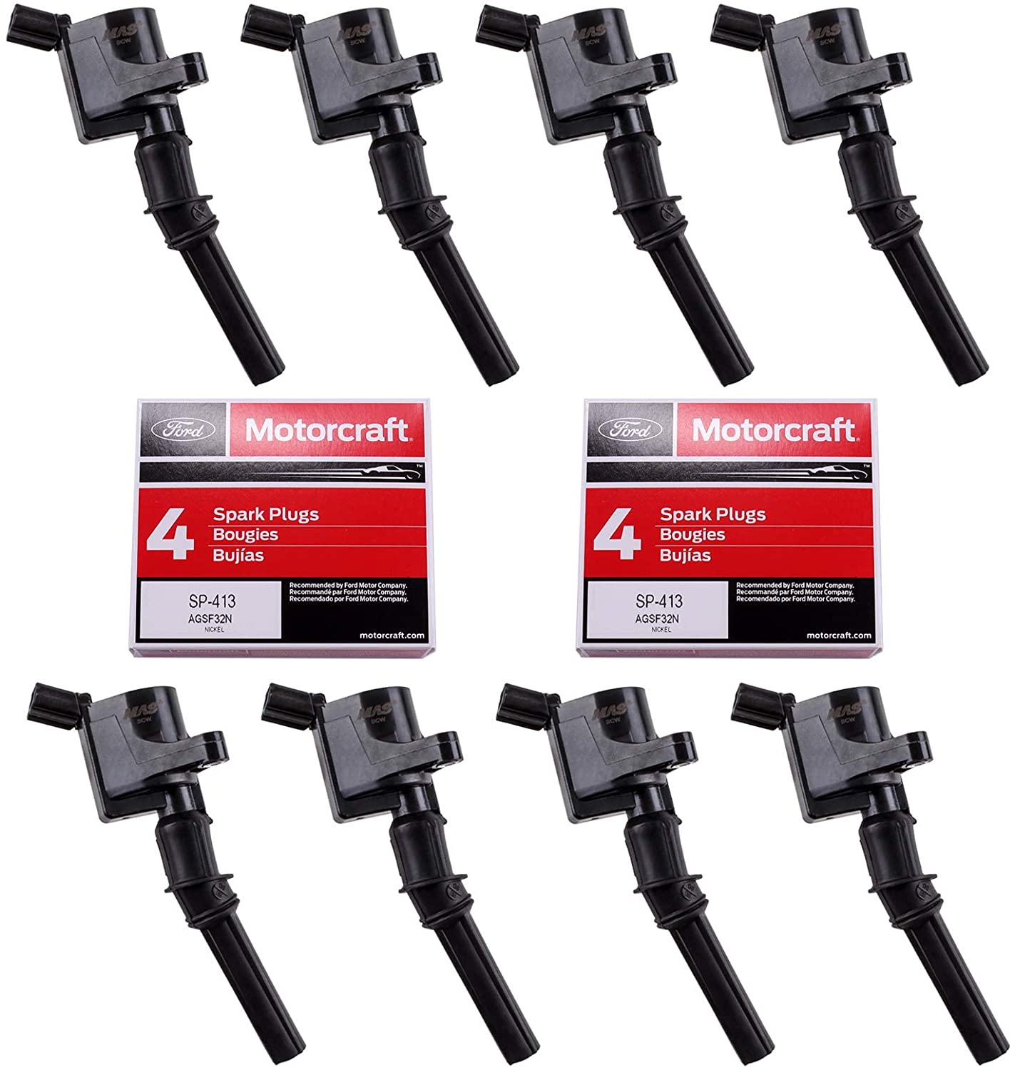 MAS Ignition Coils DG508 and OEM Spark Plugs SP413 Compatible with Ford F-150 Mustang V8 4.6L pack of 8