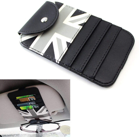 iJDMTOY (1) Black/Grey Union Jack UK Flag Style Sun Visor Organizer Holder Compatible With Sunglasses, Credit Cards, FasTrak Transponder, Reader, Garage Remote, etc