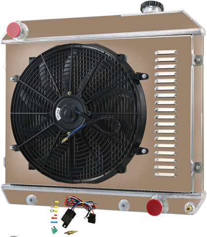 CoolingCare All Aluminum Radiator+ 16 inch Fan w/Shroud+ Fan Relay Kits for 1961-1966 Chevrolet C&K Series 10 20 30 (4Rows 62MM Core)