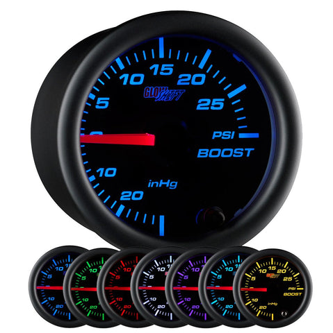 GlowShift Black 7 Color 30 PSI Turbo Boost/Vacuum Gauge Kit - Includes Mechanical Hose & T-Fitting - Black Dial - Clear Lens - for Car & Truck - 2-1/16