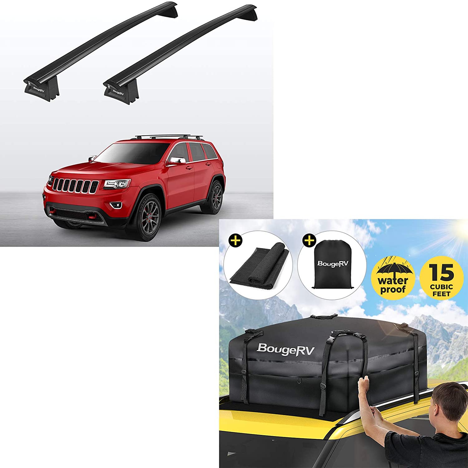 BougeRV Car Cross Bars for 2011-2020 Jeep Grand Cherokee with Side Rails+ Rooftop Cargo Carrier Bag with Protective Mat Waterproof 15 Cubic Feet