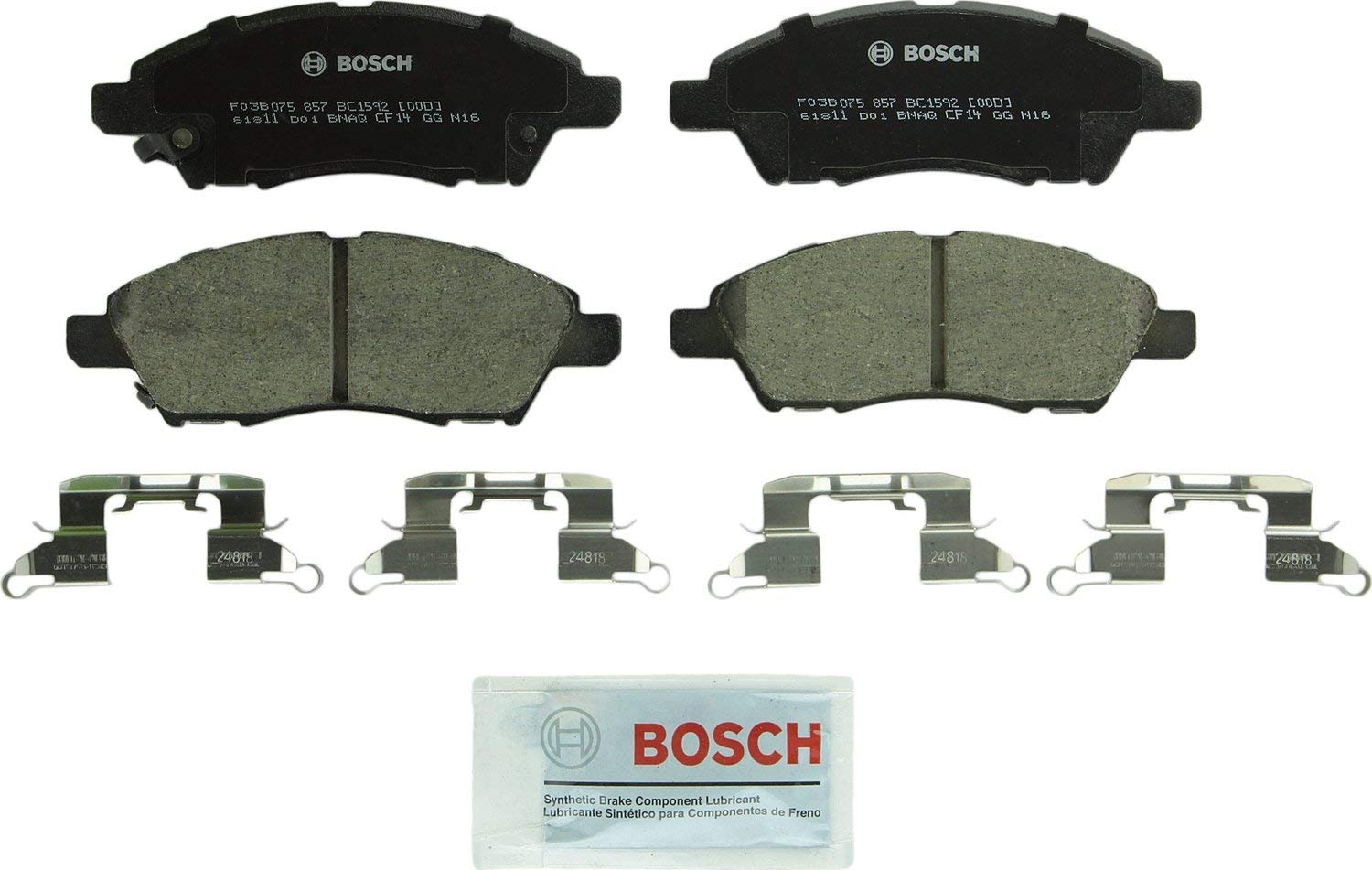 Bosch BC1592 QuietCast Premium Ceramic Disc Brake Pad Set For Nissan: 2015-2016 Micra, 2013-2014 Tiida, 2012-2017 Versa, 2014-2017 Versa Note; Front