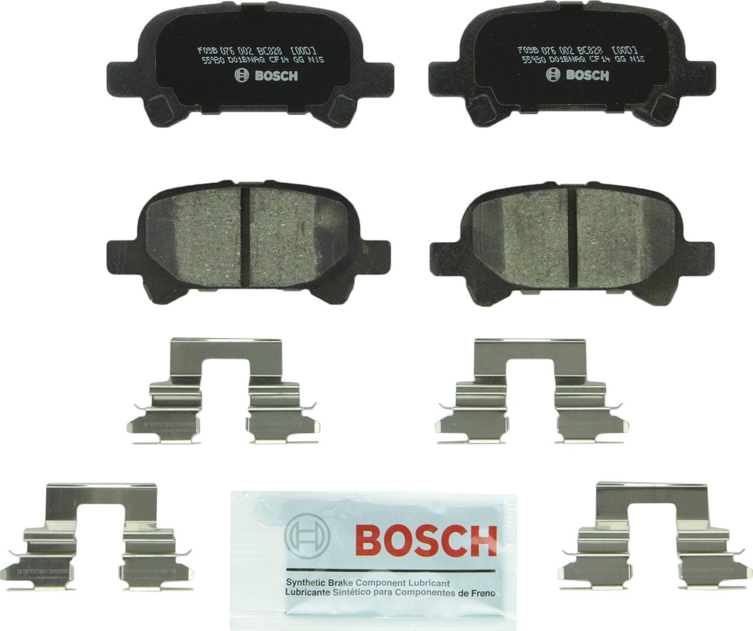 Bosch BC828 QuietCast Premium Ceramic Disc Brake Pad Set For Toyota: 2000-2007 Avalon, 2000-2006 Camry, 2000-2008 Solara; Rear