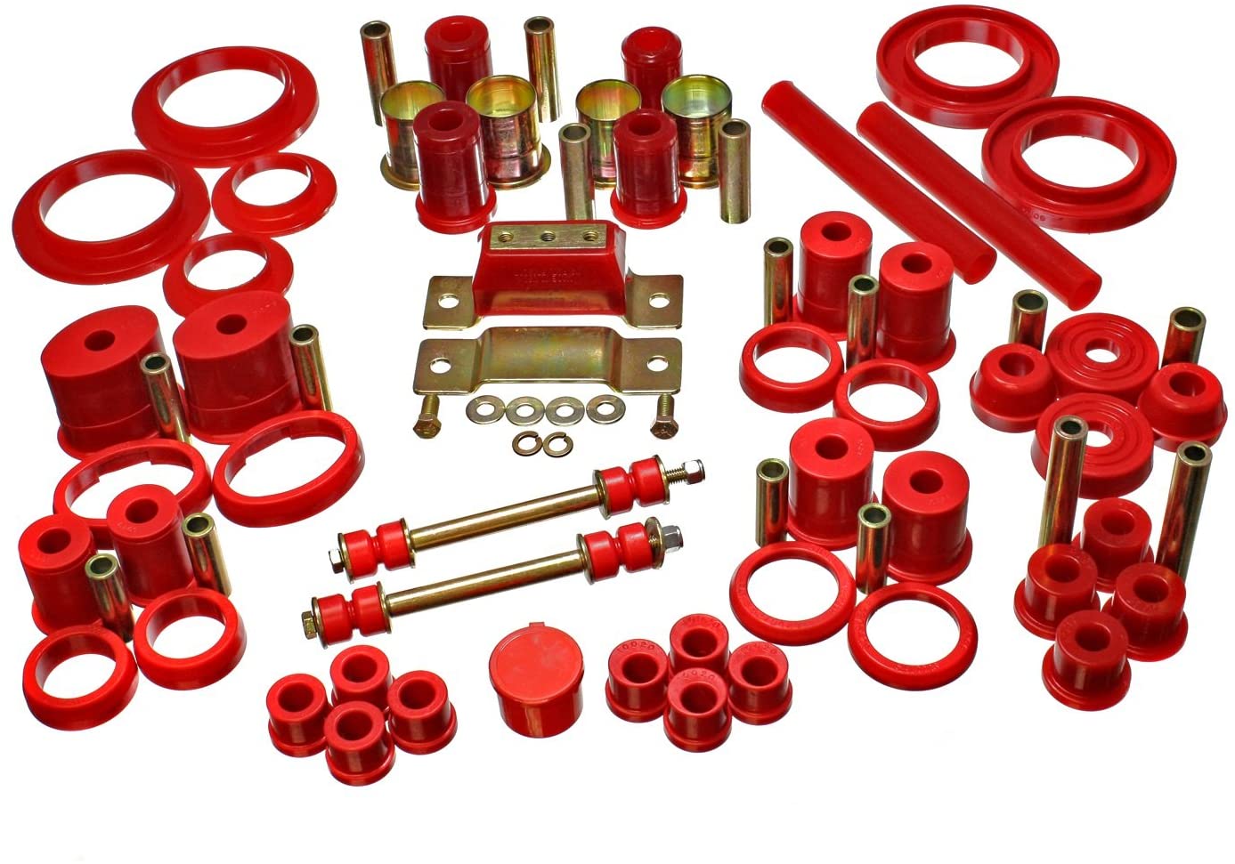 1985-1993 Ford Mustang Hyper-Flex System Incl.F/R Cntl.Arm Bush.F End LkRack/Pinion Bush.Mcpherson Strut Tower Bush.F/R Coil Spr.Isol.Trans.Crmbr. To Frame Mt.Bush.Tie Rod Bt Trans.Mt Red