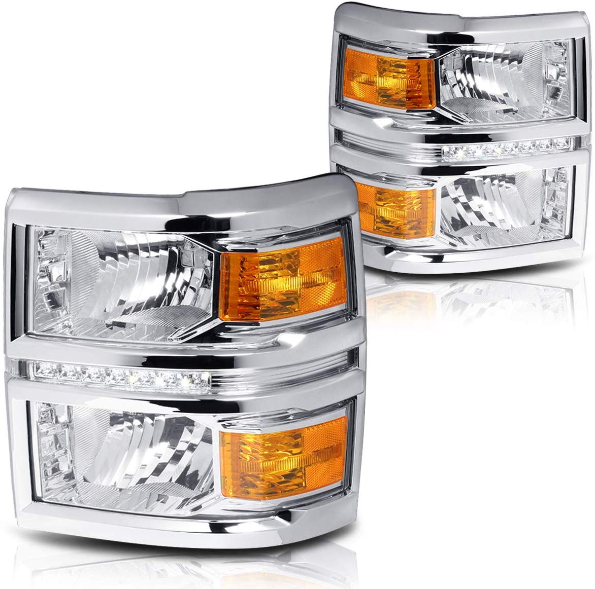 LED DRL Headlight Assembly Compatible with Chevy Silverado 14-15 Headlamps with Chrome Housing Amber Corner Pair