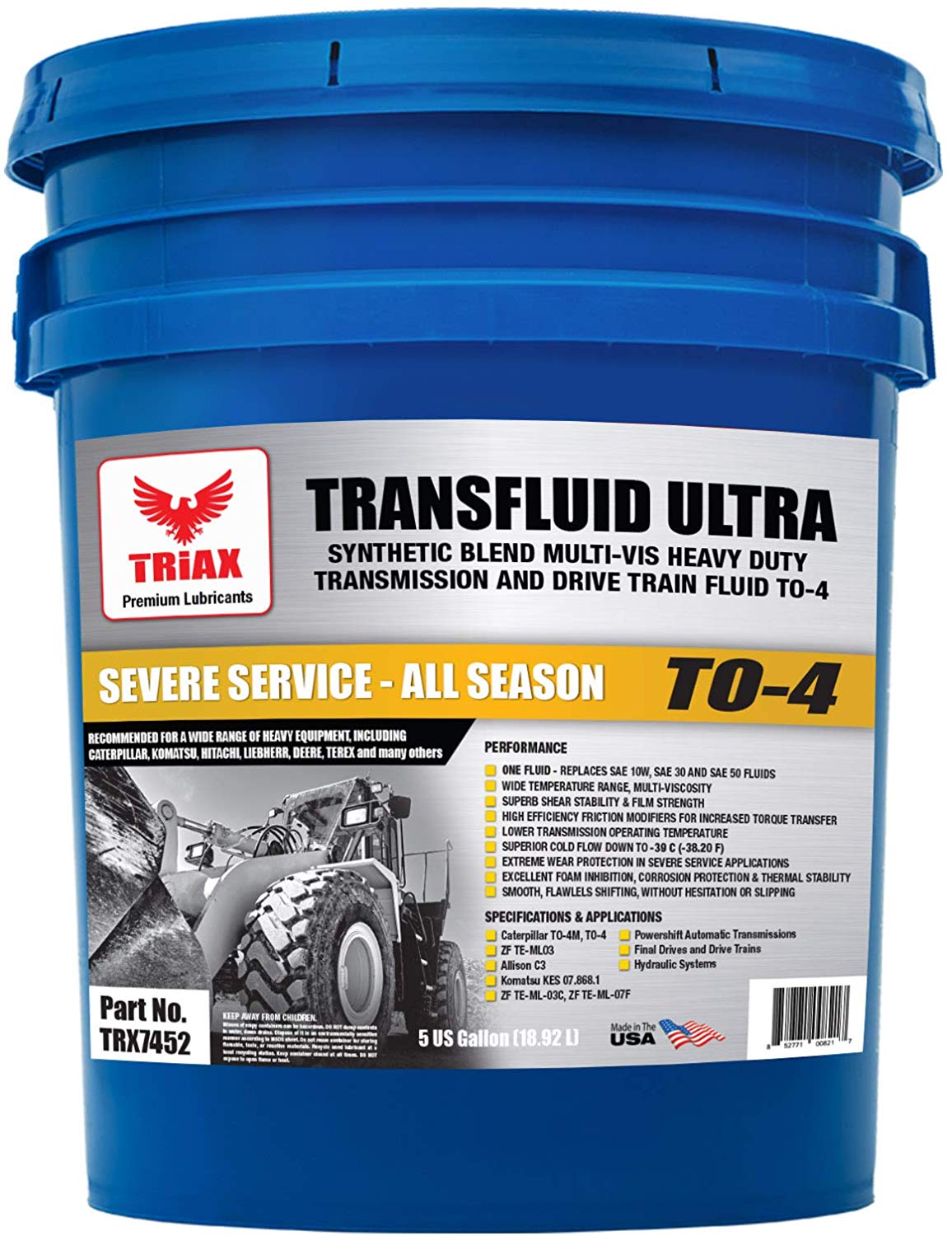 TRIAX TRANSFLUID Ultra to-4 - Multi-Viscosity Powershift Transmission TO-4M Drive Train and Heavy Duty Transmission Fluid (5 GAL Pail)