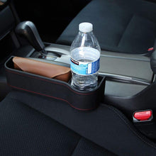 iJDMTOY (1) Black Leather Console Side Pocket Organizer, Car Seat Catcher w/Cup Holder Compatible With Drinks, Key, Wallet, Phone, Sunglasses, etc