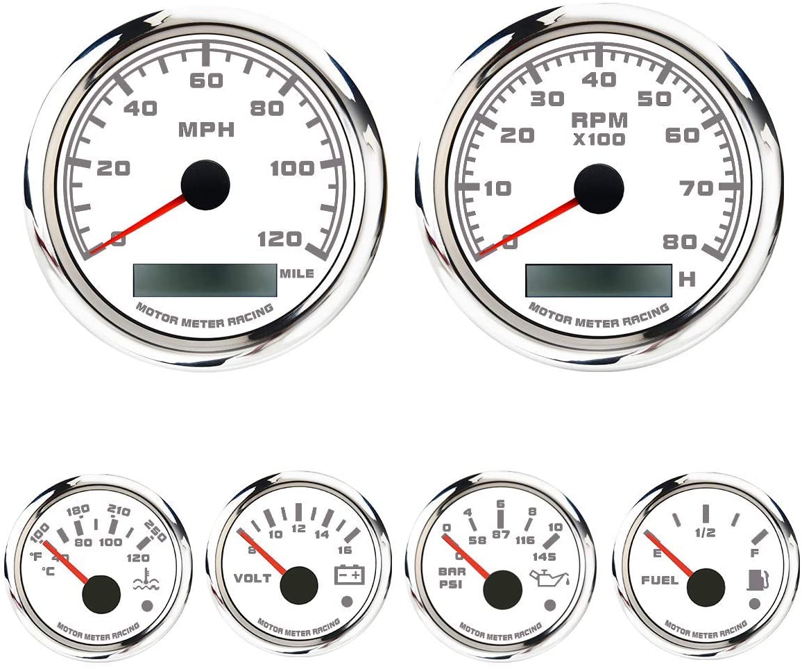 MOTOR METER RACING W Pro Series 6 Gauge Set GPS Speedometer(120 MPH) Programmable Tachometer(8000 RPM) Waterproof White Dial All Sensors Included