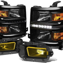 For Chevy Silverado 1500 Black Housing Amber Corner LED DRL Headlight + Amber Lens Fog Light + Switch