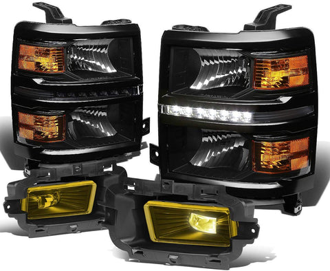 For Chevy Silverado 1500 Black Housing Amber Corner LED DRL Headlight + Amber Lens Fog Light + Switch