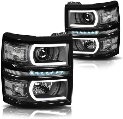 U-Strip LED DRL Projector Headlight Assembly Compatible with Chevy Silverado 14-15 Headlamps with Clear Corner Black