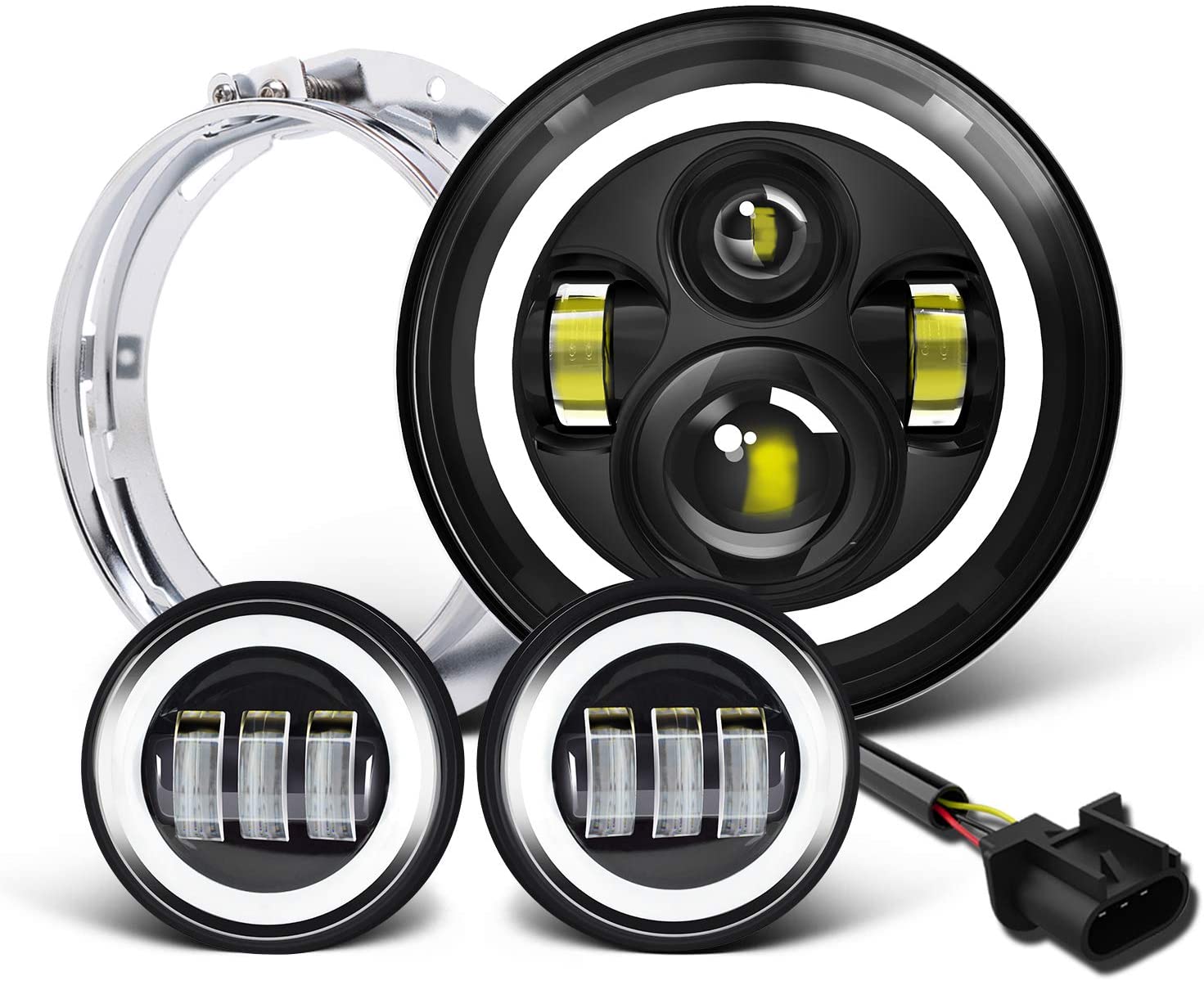 7 inch LED Headlight Fog Passing Lights DOT Kit Set Ring Motorcycle Headlamp Ring for Harley Davidson Touring Road King Ultra Classic Electra Street Glide Tri Cvo Heritage Softail Deluxe Fatboy Black