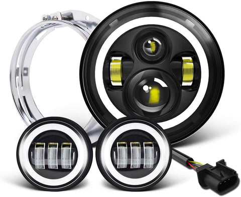 7 inch LED Headlight Fog Passing Lights DOT Kit Set Ring Motorcycle Headlamp Ring for Harley Davidson Touring Road King Ultra Classic Electra Street Glide Tri Cvo Heritage Softail Deluxe Fatboy Black