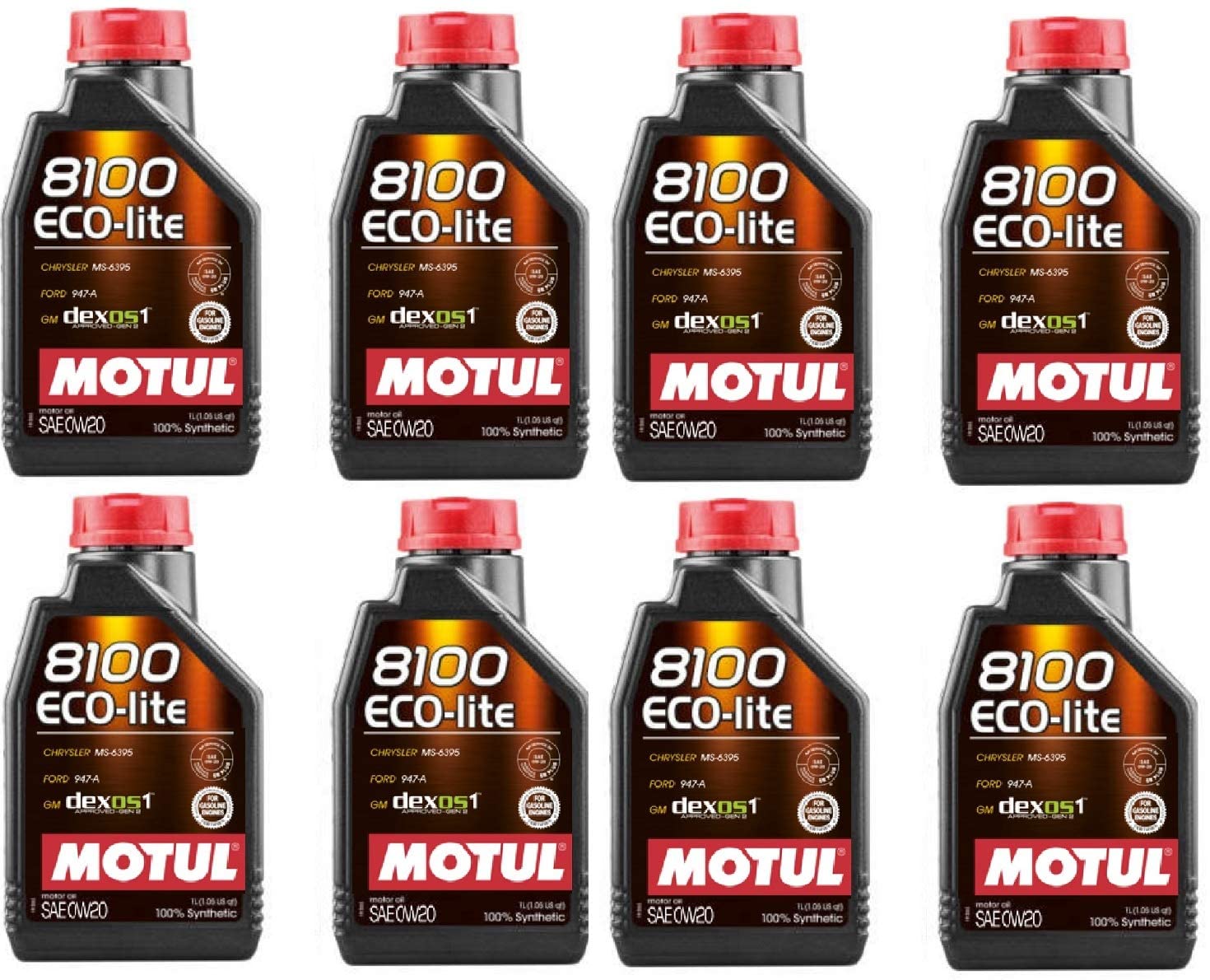 Motul 108534 Set of 8 8100 ECO-lite 0W-20 Motor Oil 1-Liter Bottles