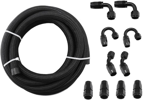 Happybuy 8AN Stainless Steel Nylon Braided Oil Fuel Line Hose 16.5FT BK AN8 Fuel Gas Line Hose + 10 PCS Aluminum Hose End Fitting Adapter Kit Fuel Line Kit (AN8 16.4Ft Black)