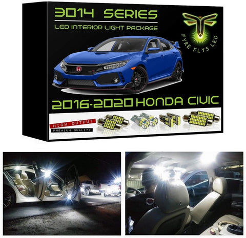 Fyre Flys 6 Piece White LED Interior Lights for 2016-2020 Honda Civic Super Bright 6000K 3014 Series SMD Package Kit and Install Tool